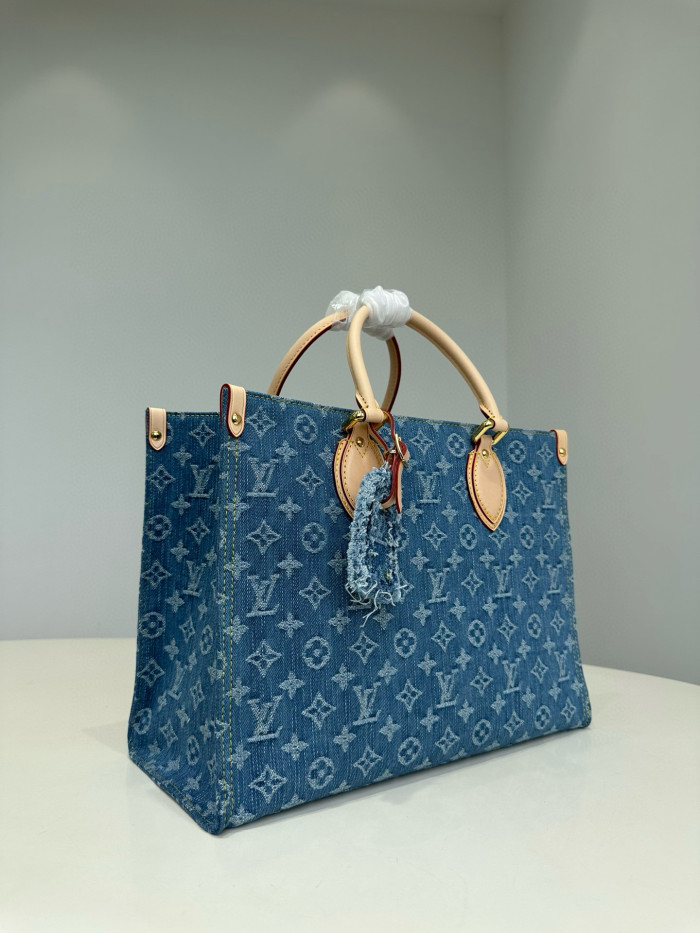 NIGO Louis Vuitton OnTheGo Women's Blue Denim Patchwork Cowhide Alphabet Print Shopping Bag Tote Bags #nigo99266