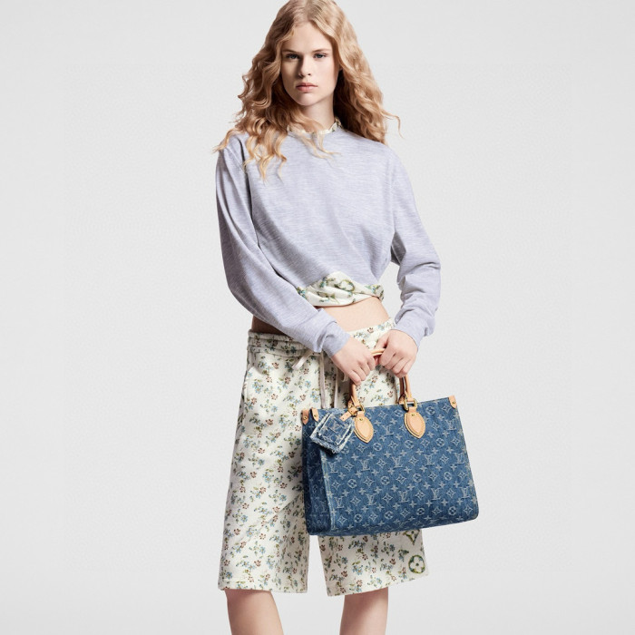 NIGO Louis Vuitton OnTheGo Women's Blue Denim Patchwork Cowhide Alphabet Print Shopping Bag Tote Bags #nigo99266