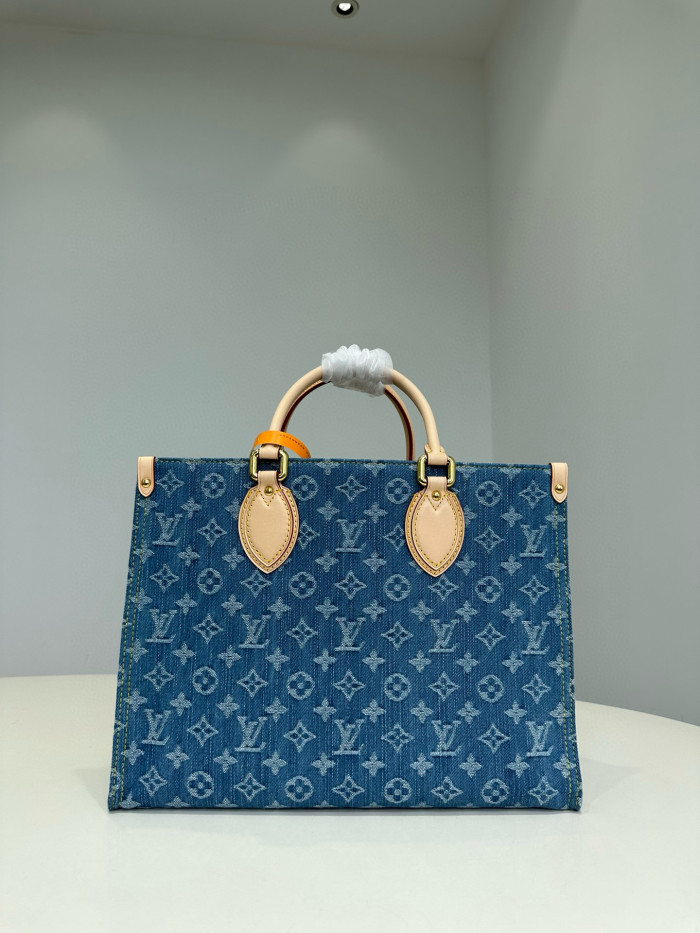 NIGO Louis Vuitton OnTheGo Women's Blue Denim Patchwork Cowhide Alphabet Print Shopping Bag Tote Bags #nigo99266