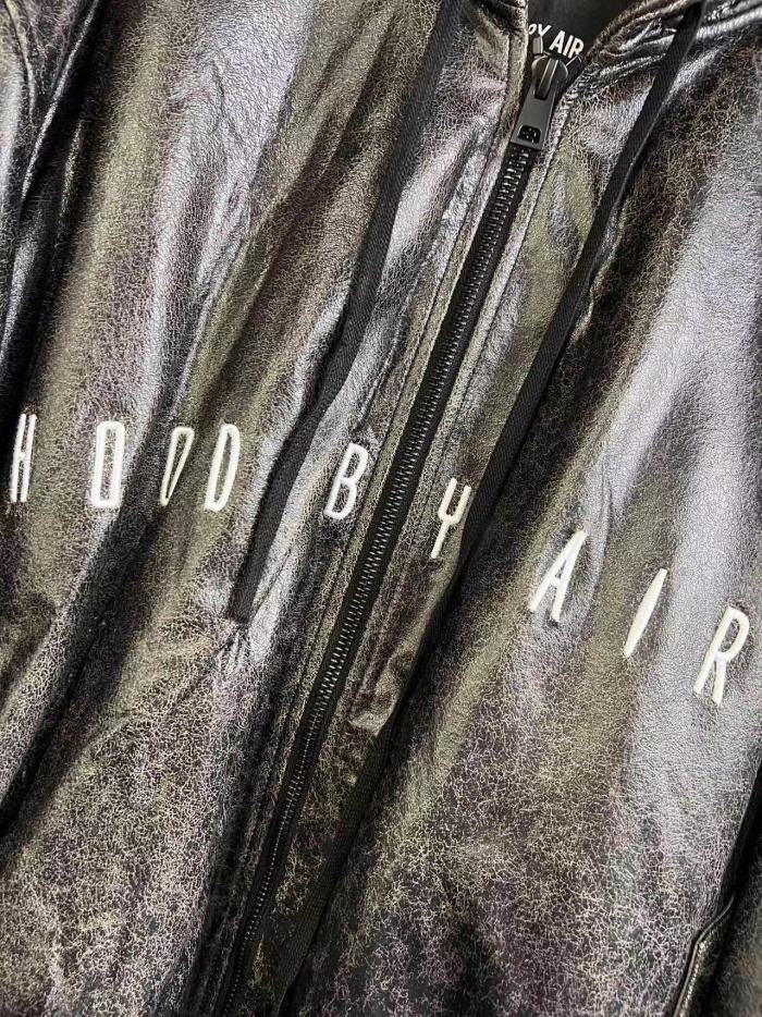 NIGO HOOD BY AIR Men's Winter Solid Color Retro Burst Pattern Long Sleeved Hooded Leather Coat Jacket Ngvp #nigo6258
