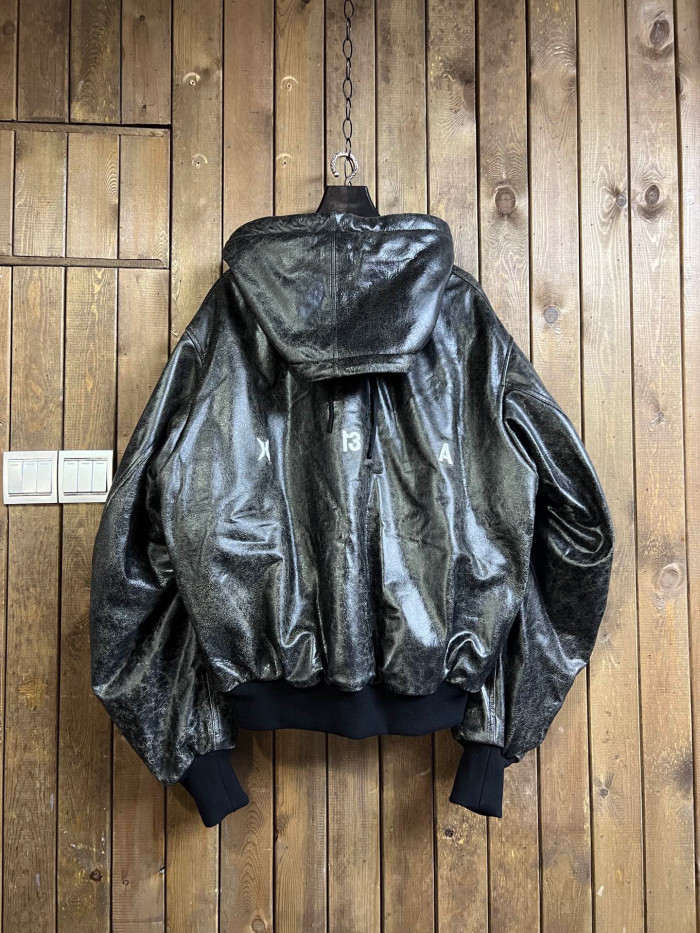 NIGO HOOD BY AIR Men's Winter Solid Color Retro Burst Pattern Long Sleeved Hooded Leather Coat Jacket Ngvp #nigo6258