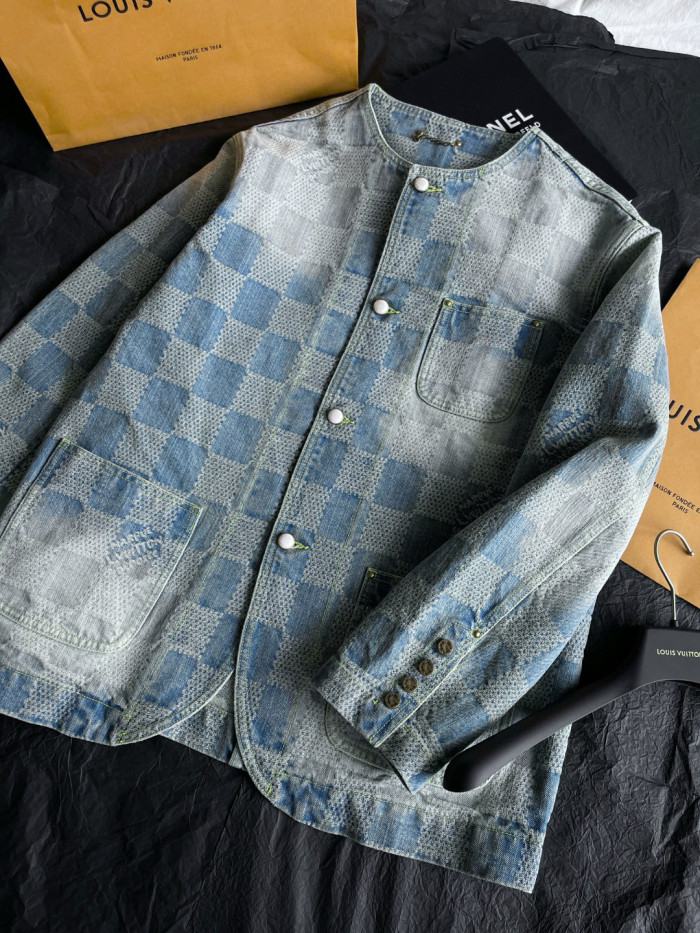 NIGO Louis Vuitton Men's Spring And Fall Fashion Plaid Denim Suit Gradient Wash Vintage Round Neck Jacket Casual Flared Pants Set #nigo99297