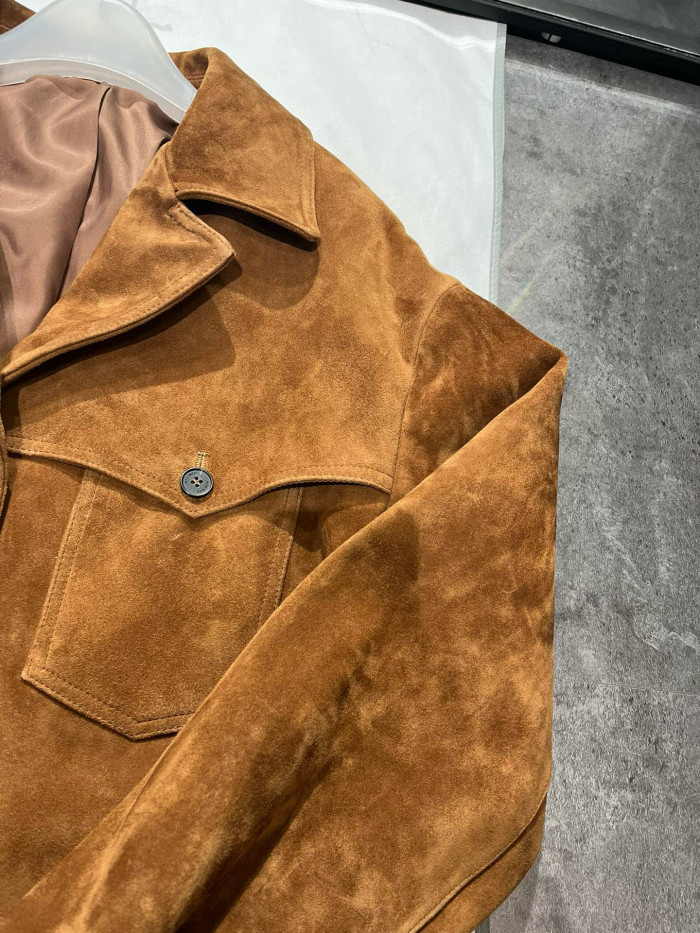 NIGO MiuMiu Women's Autumn and Winter Brown Letter Printed Lapel Single Breasted Suede Long Sleeve Jacket #nigo99296
