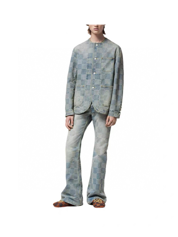 NIGO Louis Vuitton Men's Spring And Fall Fashion Plaid Denim Suit Gradient Wash Vintage Round Neck Jacket Casual Flared Pants Set #nigo99297
