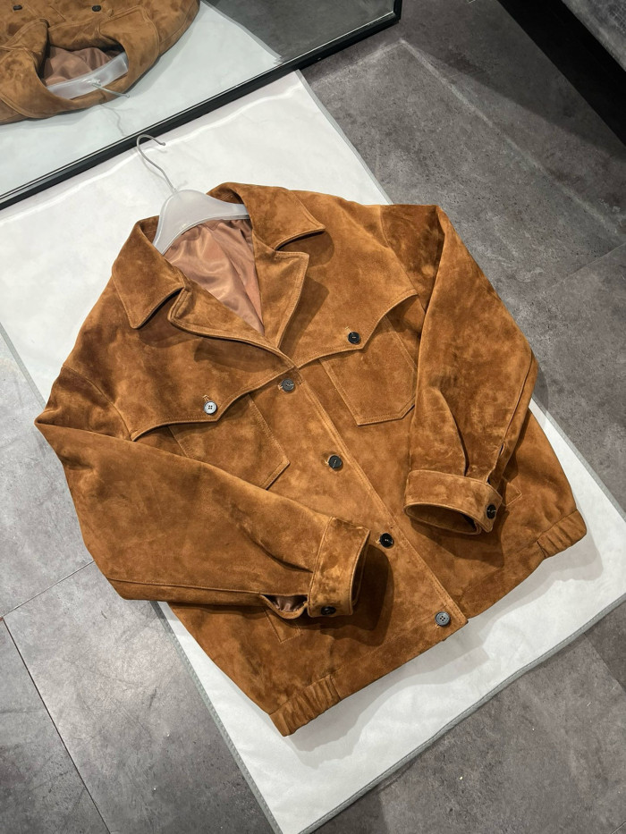 NIGO MiuMiu Women's Autumn and Winter Brown Letter Printed Lapel Single Breasted Suede Long Sleeve Jacket #nigo99296