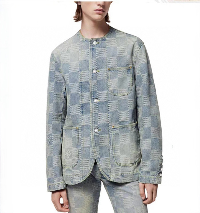 NIGO Louis Vuitton Men's Spring And Fall Fashion Plaid Denim Suit Gradient Wash Vintage Round Neck Jacket Casual Flared Pants Set #nigo99297