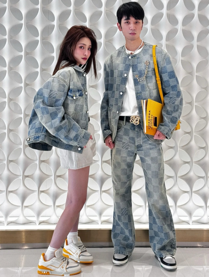 NIGO Louis Vuitton Men's Spring And Fall Fashion Plaid Denim Suit Gradient Wash Vintage Round Neck Jacket Casual Flared Pants Set #nigo99297