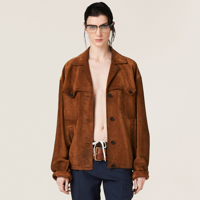 NIGO MiuMiu Women's Autumn and Winter Brown Letter Printed Lapel Single Breasted Suede Long Sleeve Jacket #nigo99296