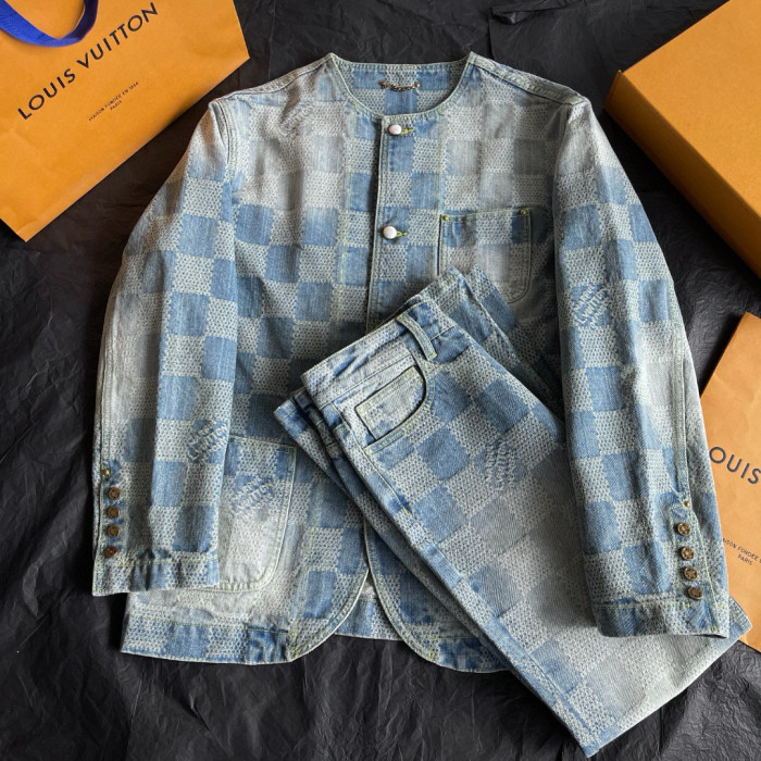 NIGO Louis Vuitton Men's Spring And Fall Fashion Plaid Denim Suit Gradient Wash Vintage Round Neck Jacket Casual Flared Pants Set #nigo99297