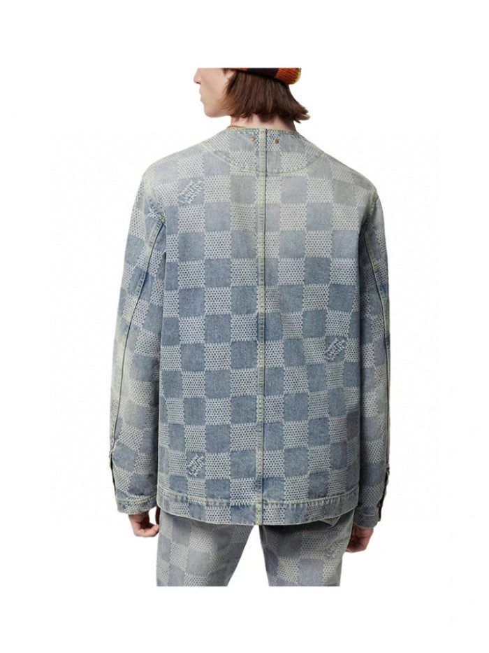 NIGO Louis Vuitton Men's Spring And Fall Fashion Plaid Denim Suit Gradient Wash Vintage Round Neck Jacket Casual Flared Pants Set #nigo99297