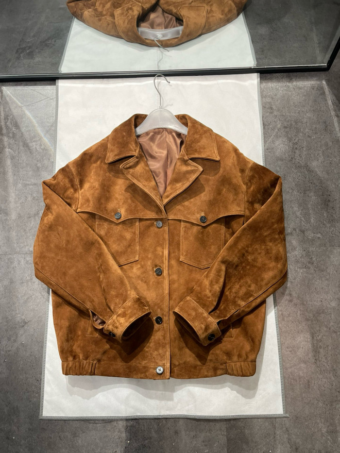 NIGO MiuMiu Women's Autumn and Winter Brown Letter Printed Lapel Single Breasted Suede Long Sleeve Jacket #nigo99296