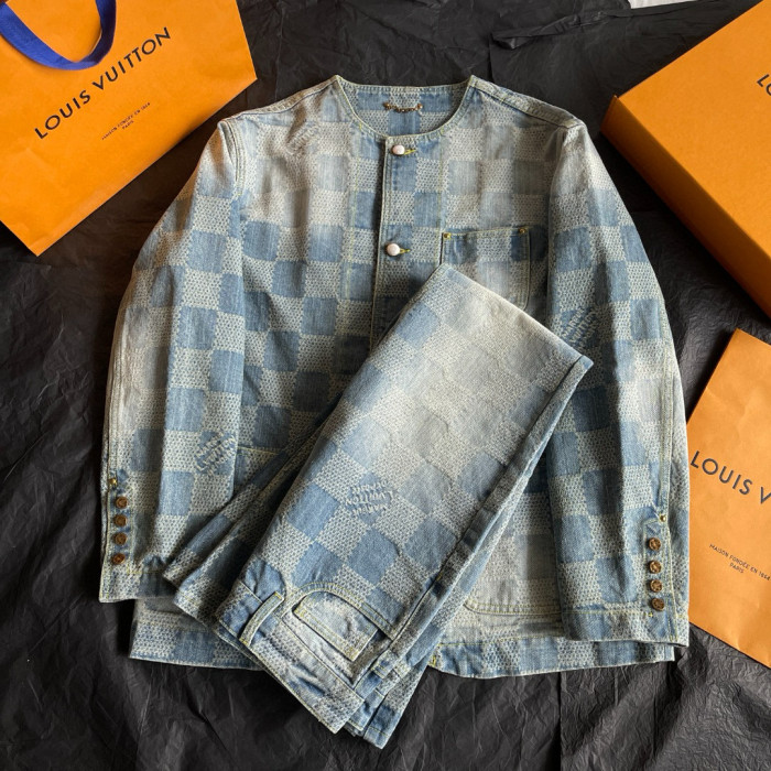 NIGO Louis Vuitton Men's Spring And Fall Fashion Plaid Denim Suit Gradient Wash Vintage Round Neck Jacket Casual Flared Pants Set #nigo99297