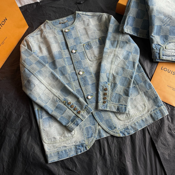 NIGO Louis Vuitton Men's Spring And Fall Fashion Plaid Denim Suit Gradient Wash Vintage Round Neck Jacket Casual Flared Pants Set #nigo99297