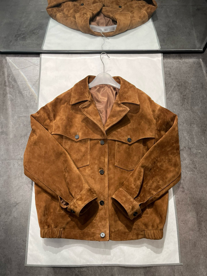 NIGO MiuMiu Women's Autumn and Winter Brown Letter Printed Lapel Single Breasted Suede Long Sleeve Jacket #nigo99296