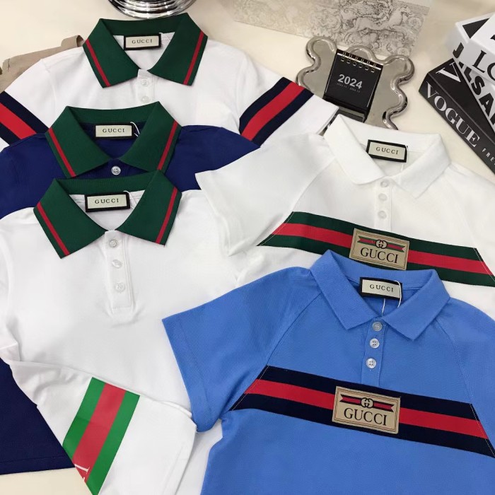 NIGO Gucci Kid's Summer Solid Color Striped Cotton Webbing Straight Short Sleeve Fitted Polo Shirt #nigo31274