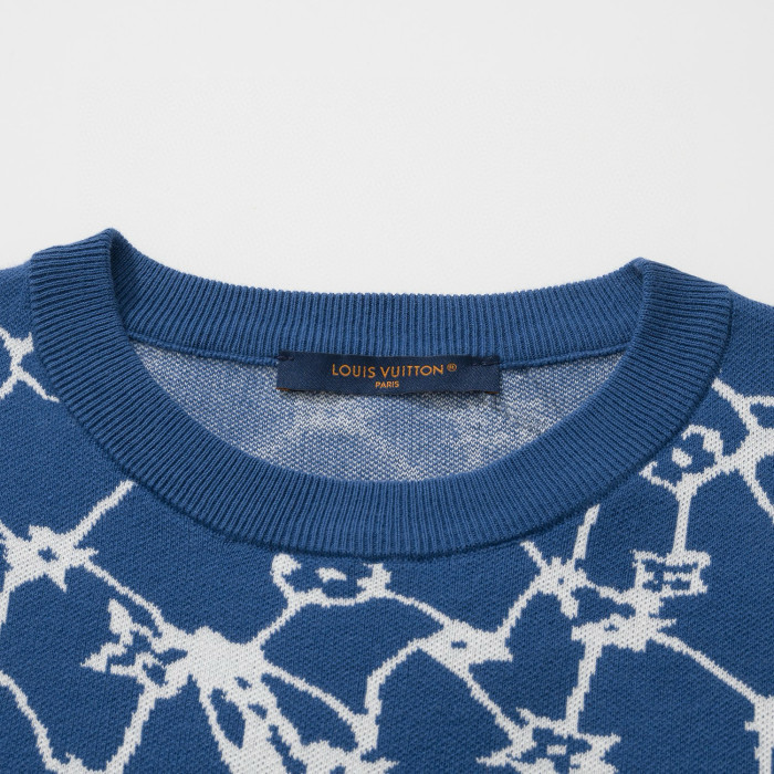 NIGO Louis Vuitton Men's Summer Blue Fishing Net Printed Ribbed Crew Neck Cotton Short Sleeve T-Shirt #nigo99446