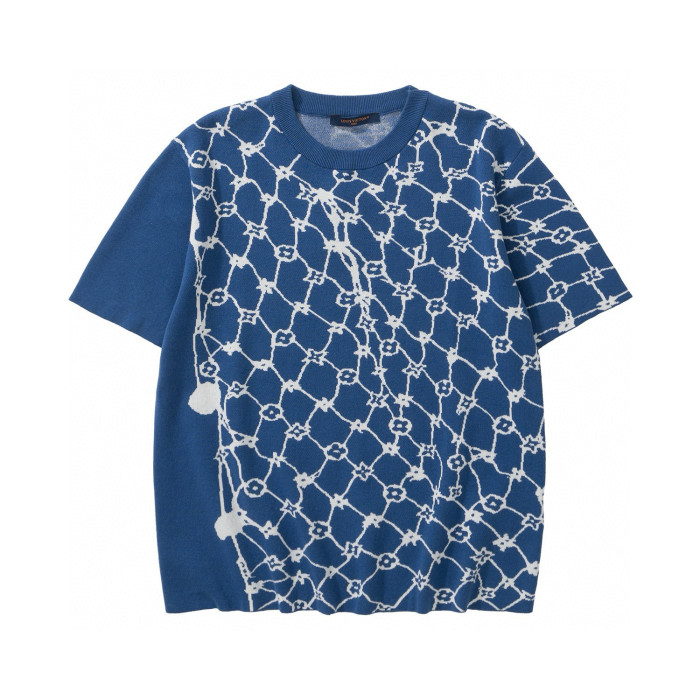 NIGO Louis Vuitton Men's Summer Blue Fishing Net Printed Ribbed Crew Neck Cotton Short Sleeve T-Shirt #nigo99446