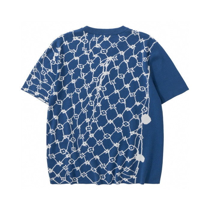 NIGO Louis Vuitton Men's Summer Blue Fishing Net Printed Ribbed Crew Neck Cotton Short Sleeve T-Shirt #nigo99446
