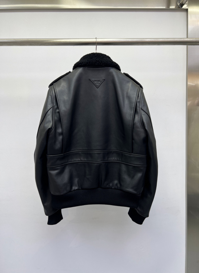 NIGO Prada Men's Autumn Winter Black Hair Collar Zip Leather Long Sleeve Jacket #nigo99477