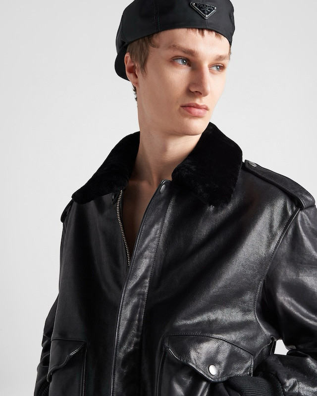 NIGO Prada Men's Autumn Winter Black Hair Collar Zip Leather Long Sleeve Jacket #nigo99477