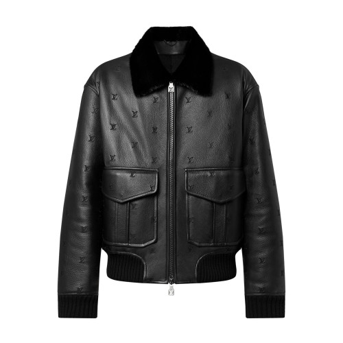 NIGO Louis Vuitton Men's Autumn/Winter Logo Embroidery Hair Collar Zip Cowhide Pilot Jacket #nigo99476