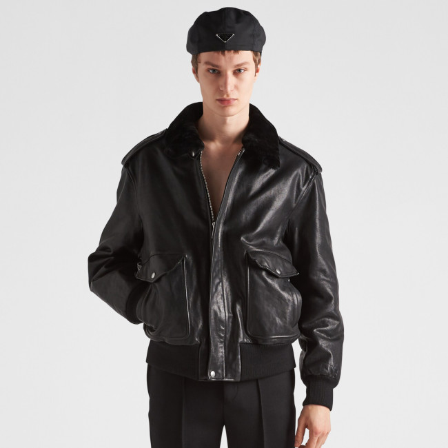 NIGO Prada Men's Autumn Winter Black Hair Collar Zip Leather Long Sleeve Jacket #nigo99477