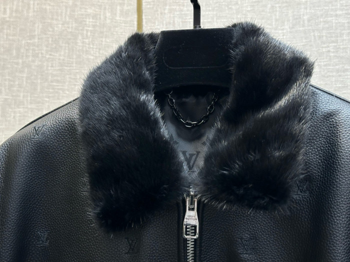 NIGO Louis Vuitton Men's Autumn/Winter Logo Embroidery Hair Collar Zip Cowhide Pilot Jacket #nigo99476