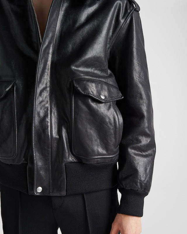 NIGO Prada Men's Autumn Winter Black Hair Collar Zip Leather Long Sleeve Jacket #nigo99477