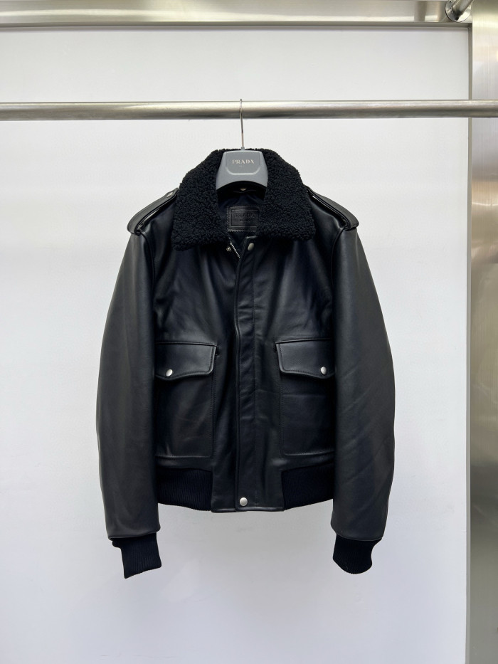 NIGO Prada Men's Autumn Winter Black Hair Collar Zip Leather Long Sleeve Jacket #nigo99477