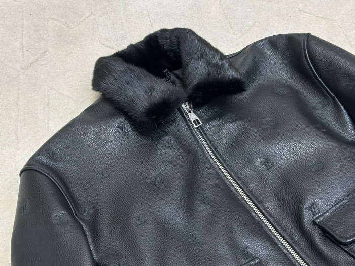 NIGO Louis Vuitton Men's Autumn/Winter Logo Embroidery Hair Collar Zip Cowhide Pilot Jacket #nigo99476