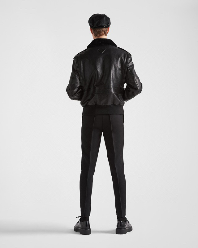 NIGO Prada Men's Autumn Winter Black Hair Collar Zip Leather Long Sleeve Jacket #nigo99477