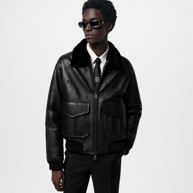NIGO Louis Vuitton Men's Autumn/Winter Logo Embroidery Hair Collar Zip Cowhide Pilot Jacket #nigo99476