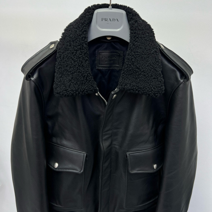 NIGO Prada Men's Autumn Winter Black Hair Collar Zip Leather Long Sleeve Jacket #nigo99477