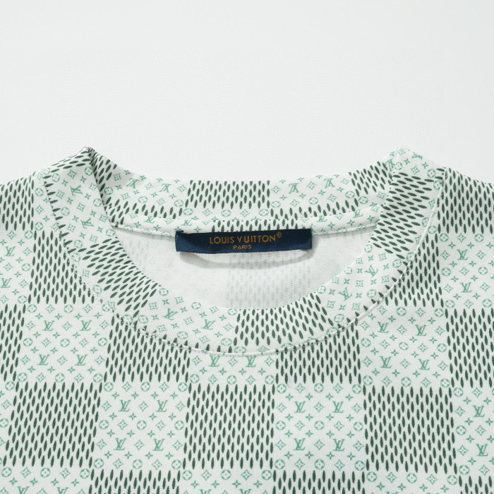 NIGO Louis Vuitton Men's Green Checkerboard Graphic Crew Neck Cotton Short Sleeve T-Shirt #nigo99471