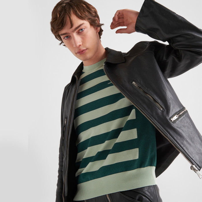 NIGO Prada Men's autumn and winter slim fit fashionable cowhide jacket long sleeved lapel zippered jacket #nigo71225