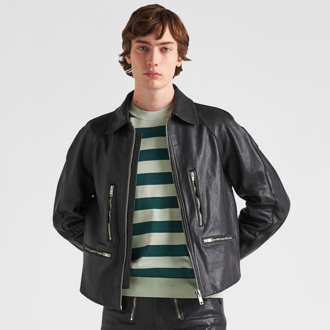 NIGO Prada Men's autumn and winter slim fit fashionable cowhide jacket long sleeved lapel zippered jacket #nigo71225