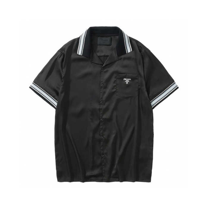 NIGO Prada Men's Summer Black Striped Letter Logo Printed Single Breasted Short Sleeve Shirt #nigo99621
