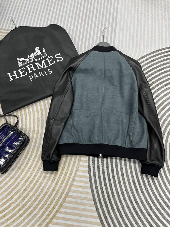 NIGO Hermes Men's Autumn And Winter Frosted Crocodile Pattern Cowhide Patchwork Sheepskin Baseball Leather Jacket #nigo71231