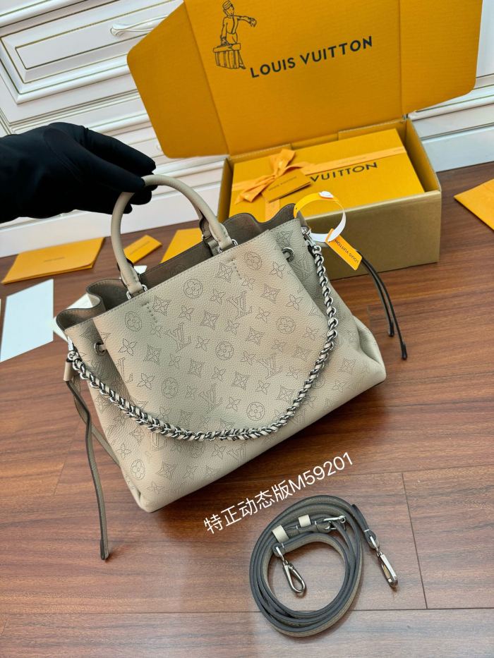 NIGO Louis Vuitton Bella Women's Gray Detachable Adjustable Shoulder Strap Hollow Logo Perforated Calfskin Drawstring Bucket Tote Bag Bags #nigo99644