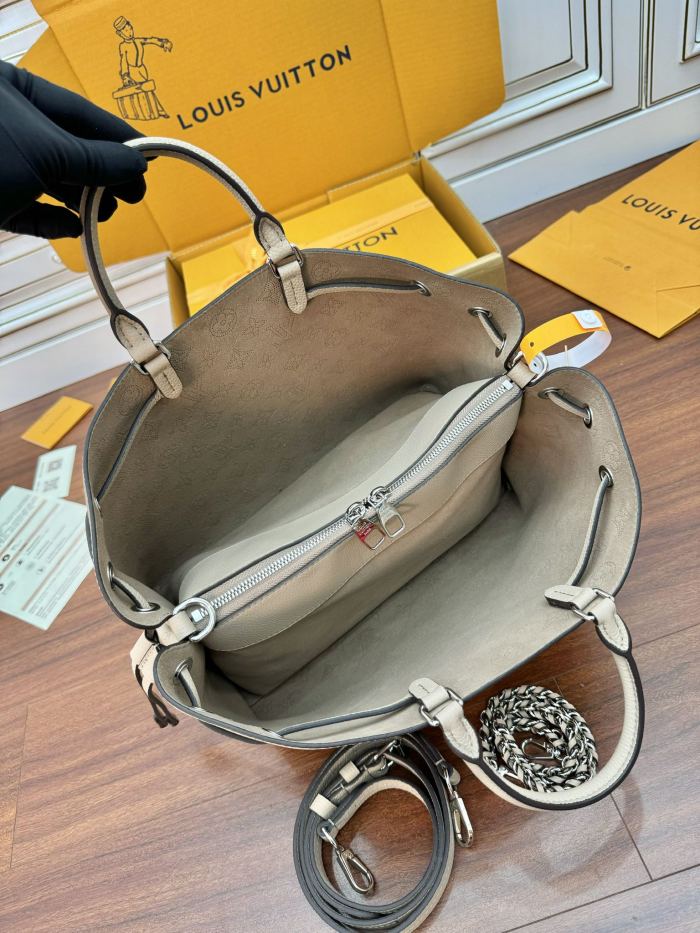 NIGO Louis Vuitton Bella Women's Gray Detachable Adjustable Shoulder Strap Hollow Logo Perforated Calfskin Drawstring Bucket Tote Bag Bags #nigo99644