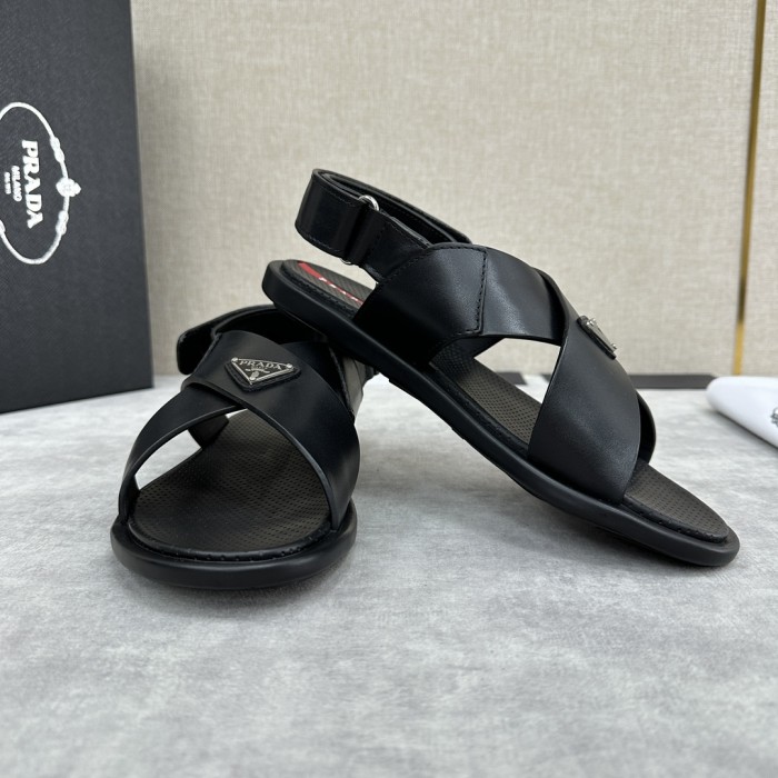 NIGO Prada Men's Summer Black Cross Velcro Leather Sandals Slippers Shoes #nigo99694