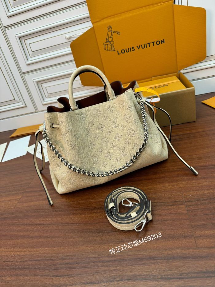 NIGO Louis Vuitton Bella Women's Gray Detachable Adjustable Shoulder Strap Hollow Logo Perforated Calfskin Drawstring Bucket Tote Bag Bags #nigo99685