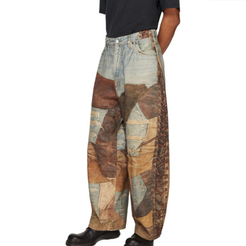NIGO Acne Studios Men's Four Seasons Vintage Mud Dye Spliced Printed Loose Cotton Mid Waist Wide Leg Denim Pants Ngvp #nigo8369