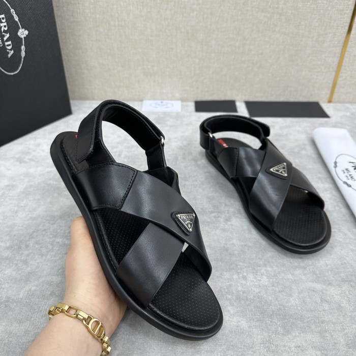 NIGO Prada Men's Summer Black Cross Velcro Leather Sandals Slippers Shoes #nigo99694