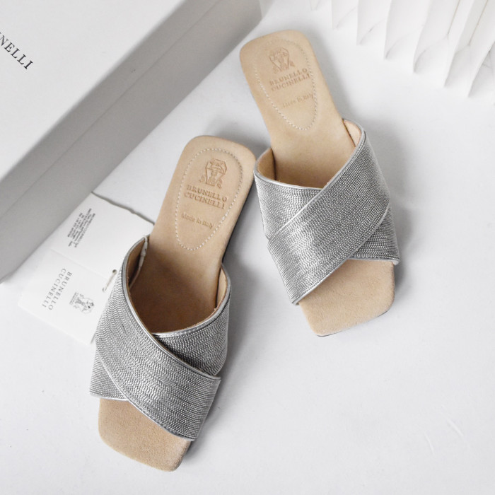 NIGO Brunello Cucinelli Women's Summer String Beaded Chain Accessories Square Toe Cross Flat Slippers Shoes #nigo99711