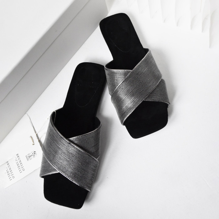 NIGO Brunello Cucinelli Women's Summer String Beaded Chain Accessories Square Toe Cross Flat Slippers Shoes #nigo99711