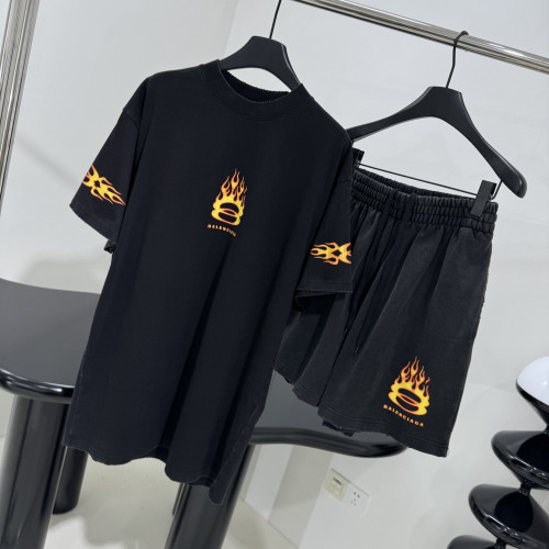 NIGO Balenciaga Men's Summer Burning Unity Light Vintage Plain Knit Large Silhouette Short Sleeve T-Shirt Stretch Mid Waist Cotton Shorts Pants Set Suit #nigo99724