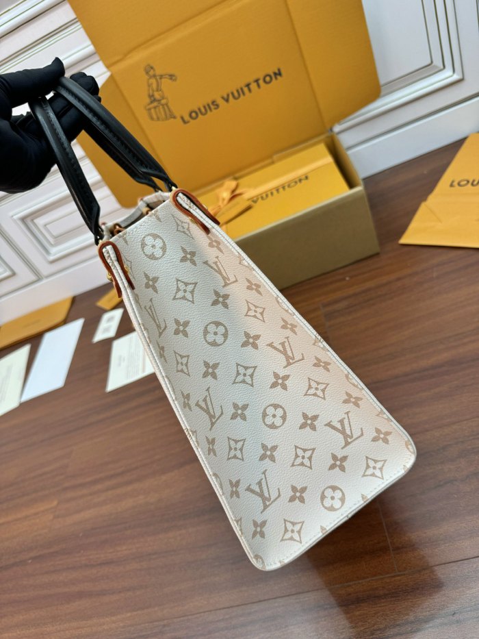 NIGO OnTheGo Louis Vuitton Women's Beige Monogram Embossed Cowhide Leather Tote Shopping Bag #nigo99753