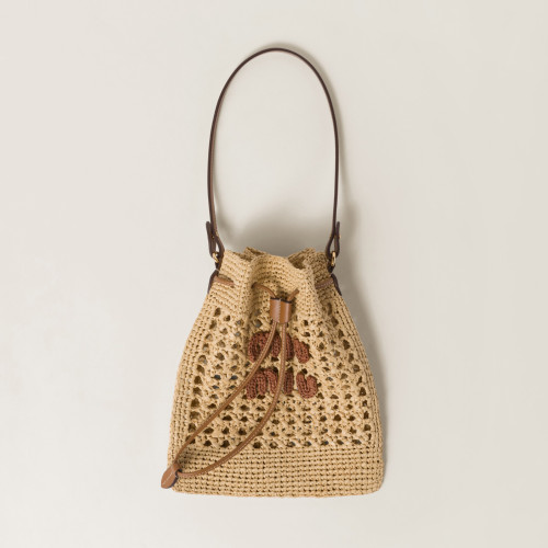 NIGO MiuMiu Women‘s Solid Color Embroidered Letter Logo Drawstring Closure Raffia Patch Leather Tote Shoulder Bag Bags #nigo99777