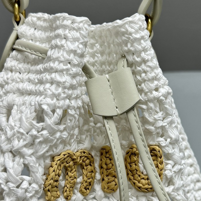 NIGO MiuMiu Women‘s Solid Color Embroidered Letter Logo Drawstring Closure Raffia Patch Leather Tote Shoulder Bag Bags #nigo99777